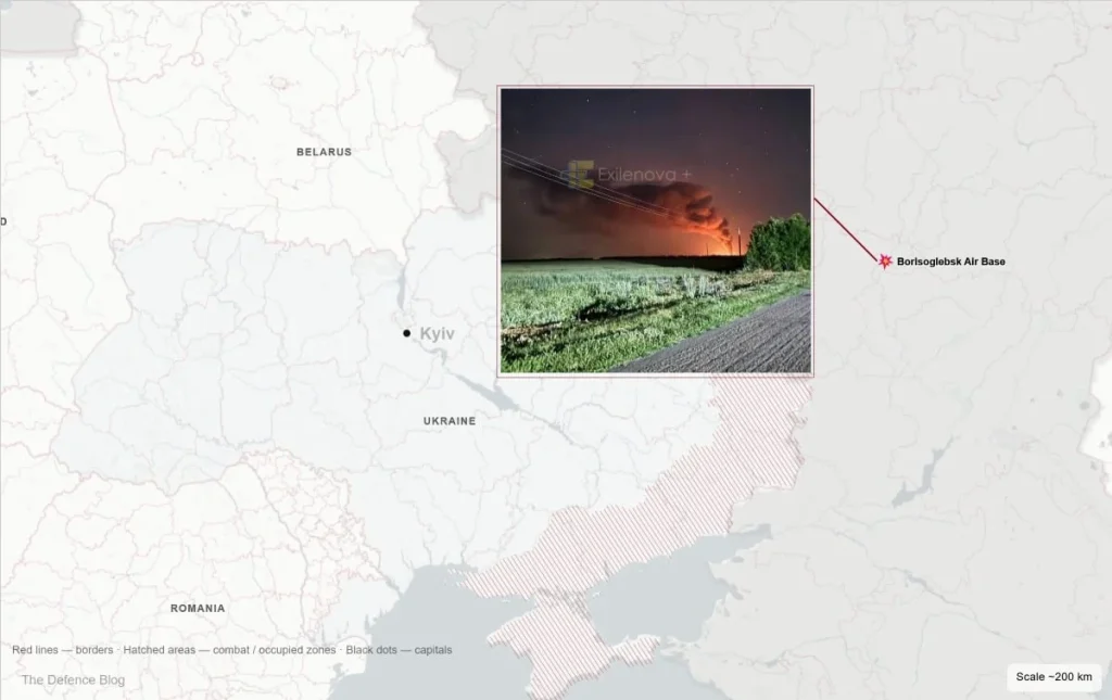 Пожар на руском аеродрому Борисоглебск после удара дронова